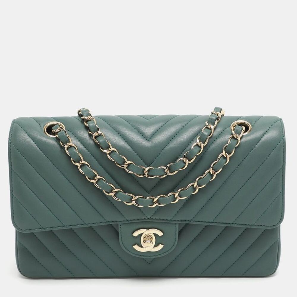 Chanel Classic Double Flap Medium Green Chevron Leather Shoulder Bag